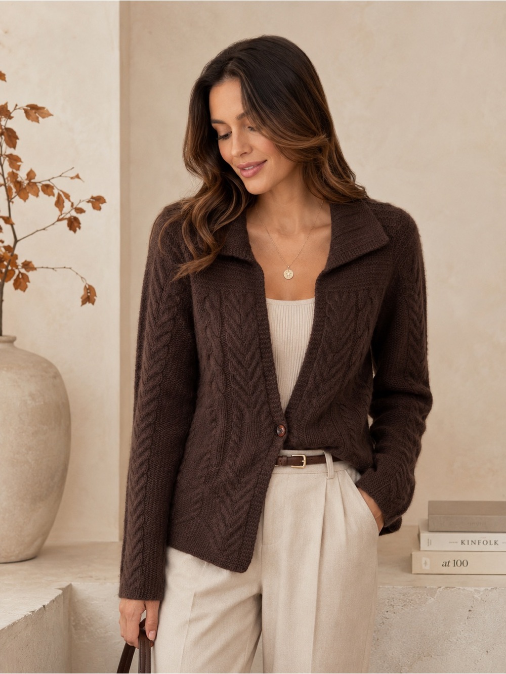 Grayson & Dunn Cashmere Cable Knit Cardigan Brown Collared Soft Cozy Fall large